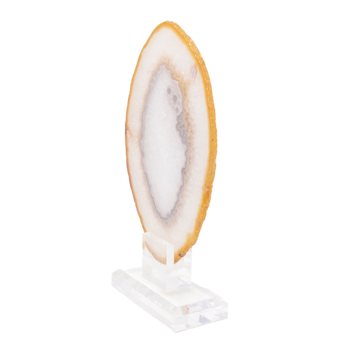 Carnelian Agate Druze Slice On Acrylic Screw Stand - Gray Tubular Inclusions with Double Banded Quartz