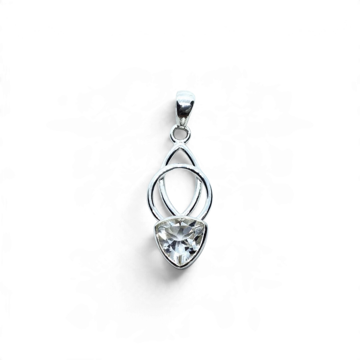 Rare Earth Gallery trillion cut quartz crystal pendant set in a 925 sterling silver oval and round loop design