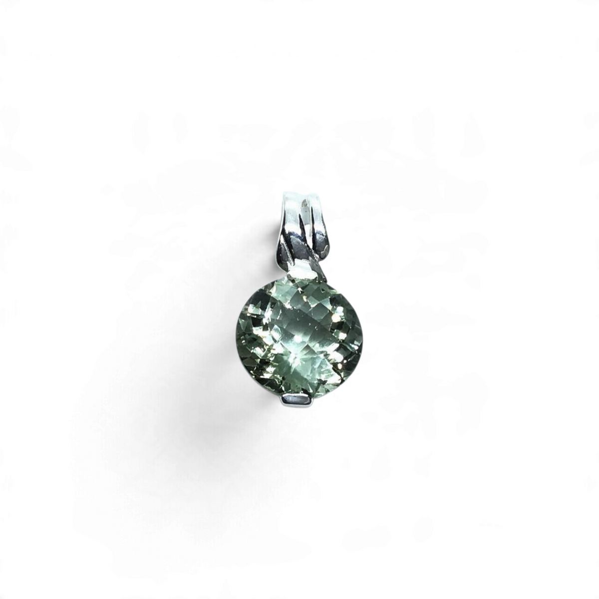 Rare Earth Gallery round rose faceted prasiolite pendant in a sterling silver cut out bezel with a textured bail