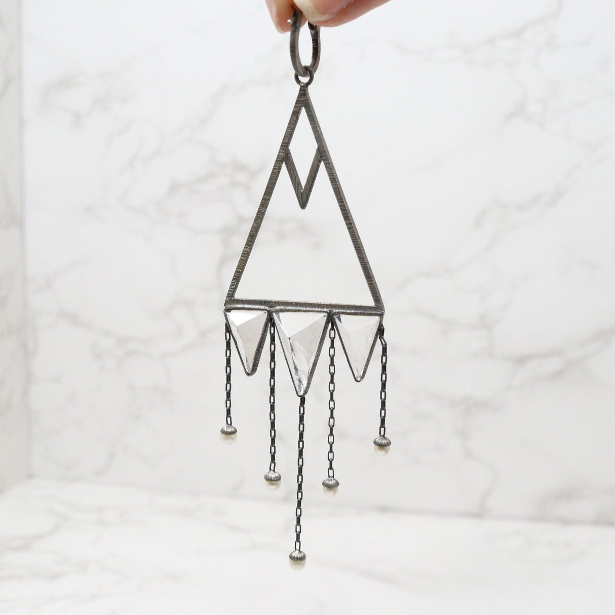 Quartz Dangle Earrings - Avant-Garde Triangle Trio on Large Open Silver Triangle with Brushed Rhodium & Dangling Pearls