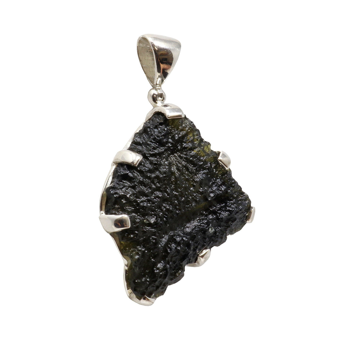Moldavite Pendant - Freeform with Natural Ruggedness & Divot with Extremely Dark Olive Green Hue & Silver Bezel - Prong Set