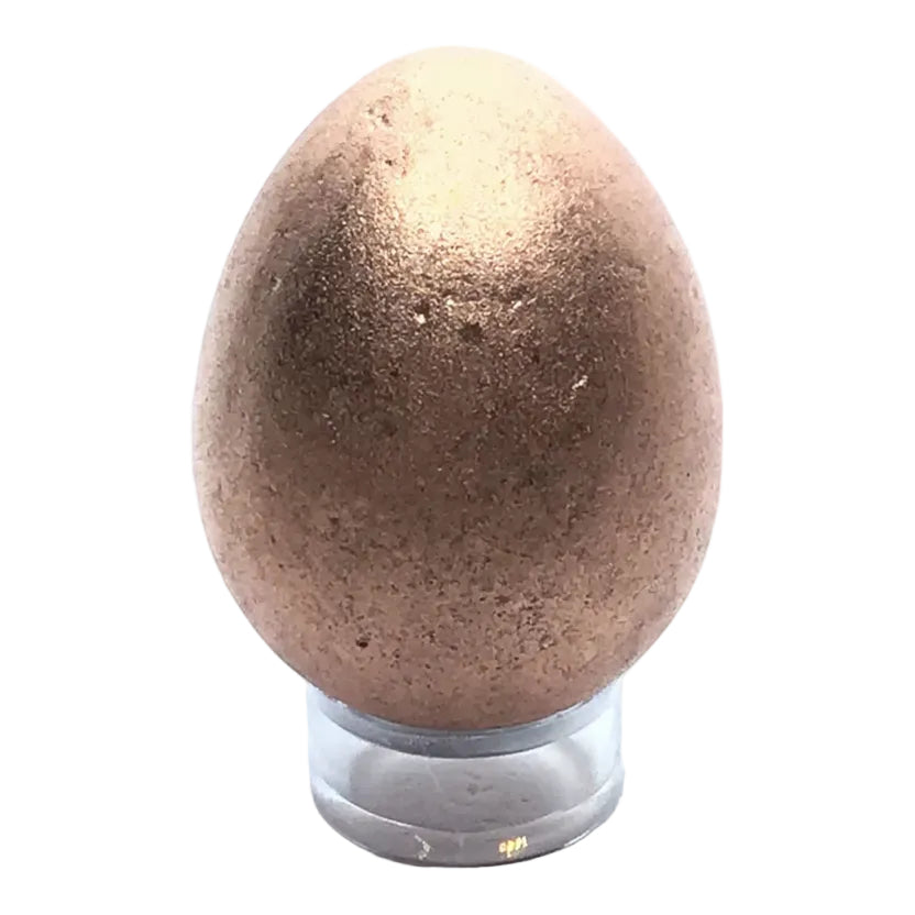 copper egg on a clear stand against a white background
