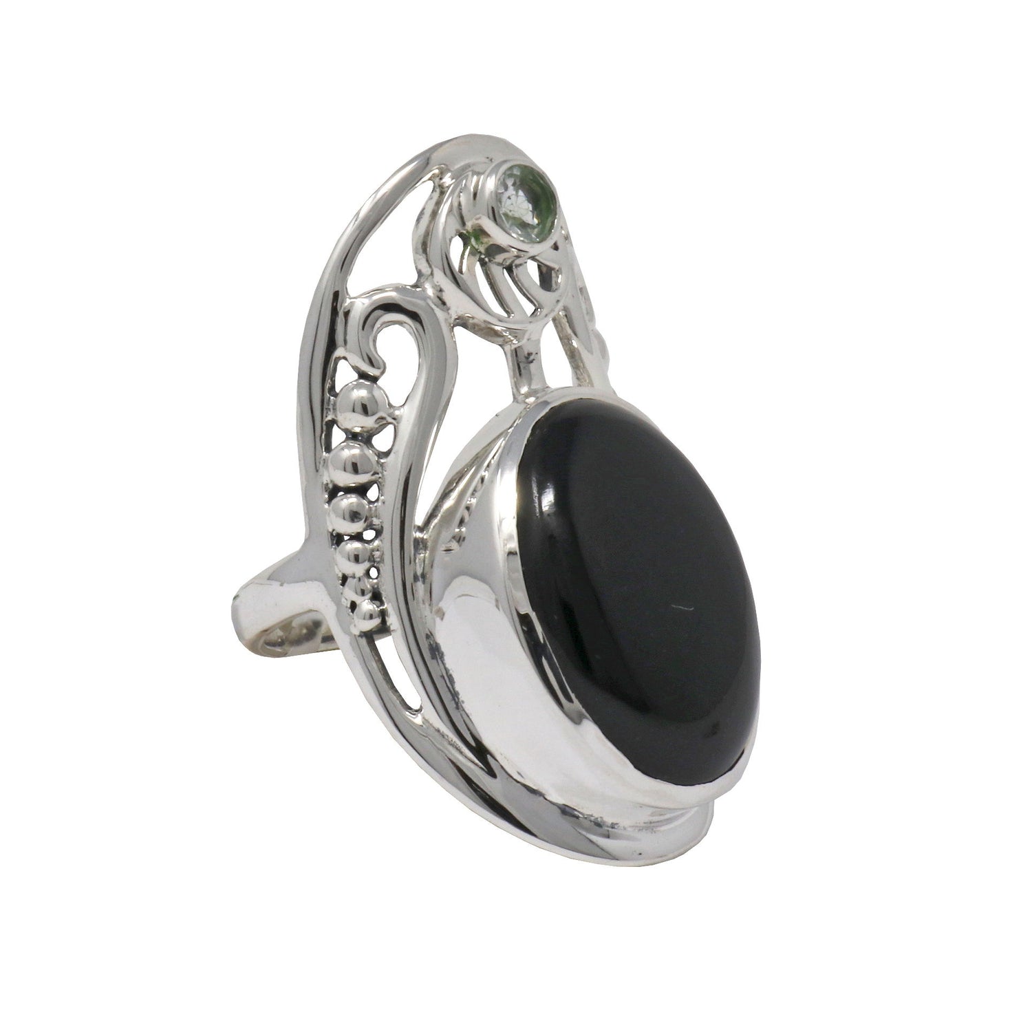 Black Onyx Ring - Oval Cabochon with Faceted Round Prasiloite