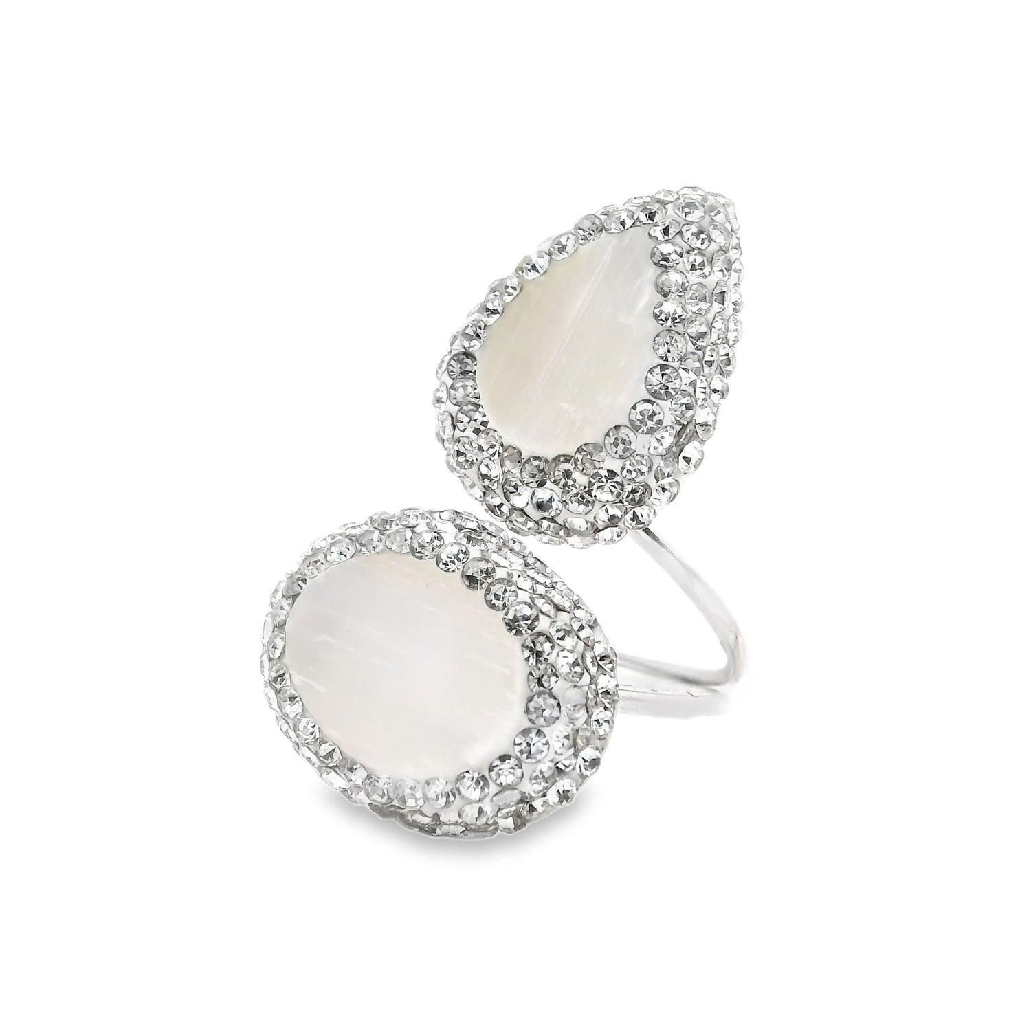 Selenite Ring - Oval & Pear Surrounded by Rows of Silver Swarovski Crystals on Open Double Band in 925 Sterling Silver szAdj.