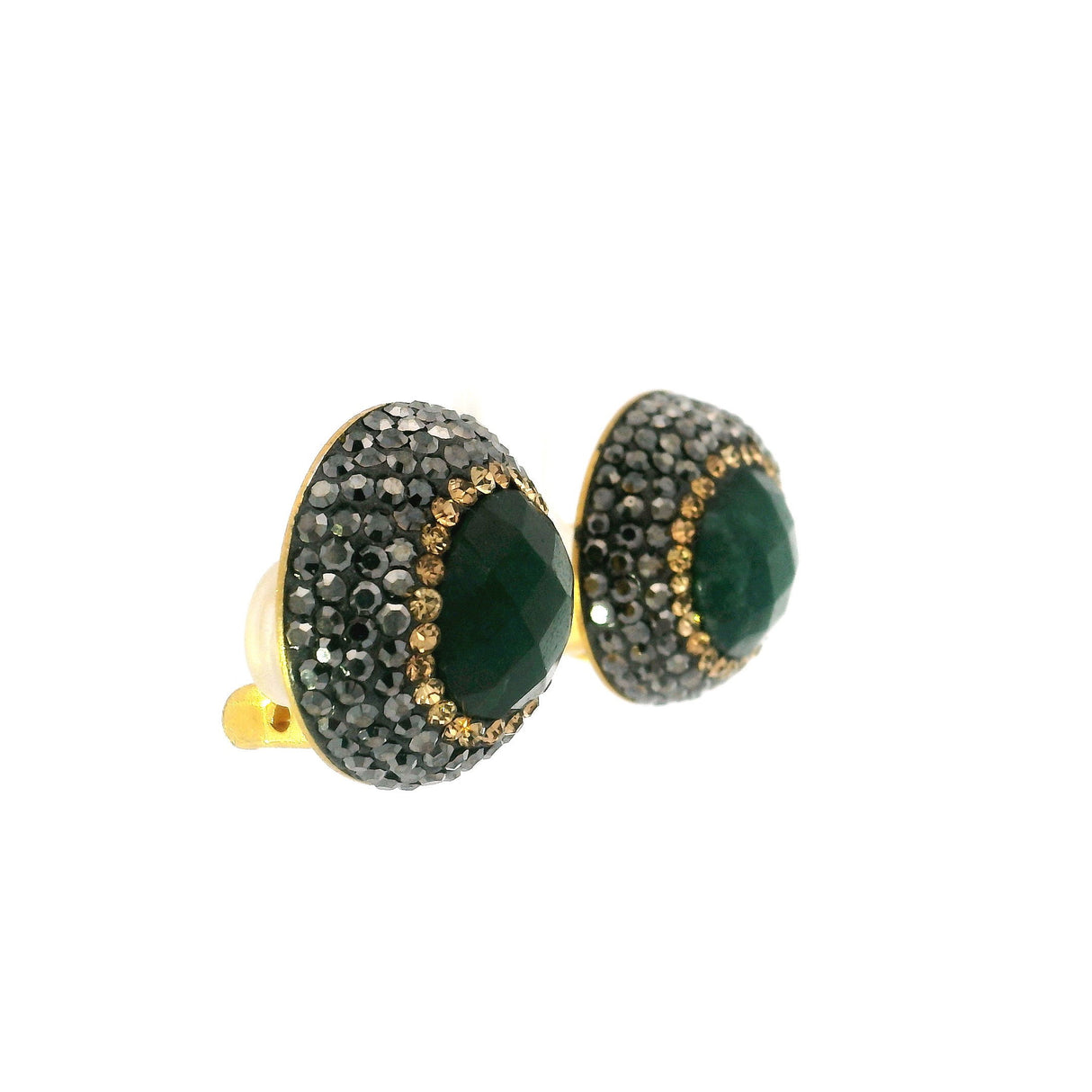 Emerald Clip Earrings - Faceted Round with Marcasite & Gold Swarovski Crystals with Gold Vermeil in 925 Sterling Silver