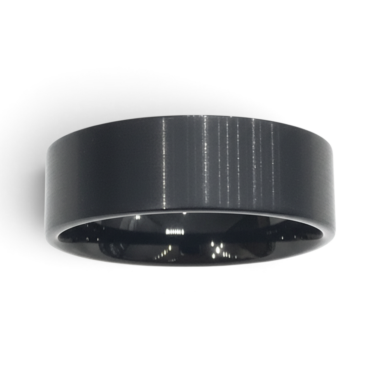 Rare Earth Gallery 9mm black tungsten ring featuring a brushed finish and a modern pipe cut design.