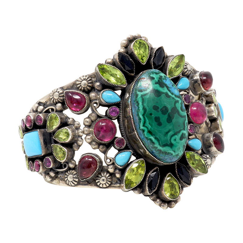 Leo Feeney Malachite & Chrysocolla Cuff Bracelet with Peridot, Pink Tourmaline, Sleeping Beauty Turquoise, Garnet & Black Onyx