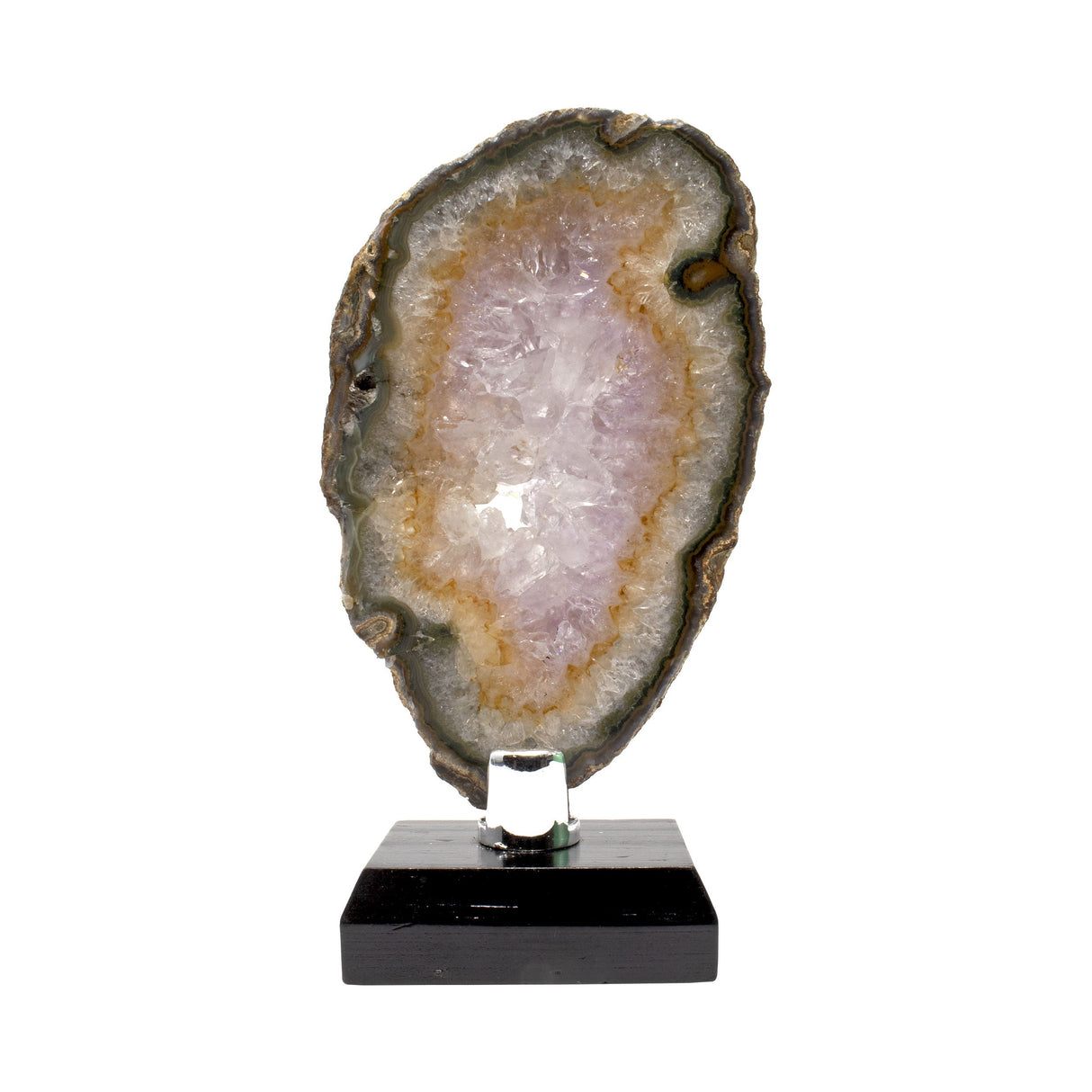Agate Slice - Amethyst Quartz with Void in Center, Orange & Green Accents on Wooden Screw Stand