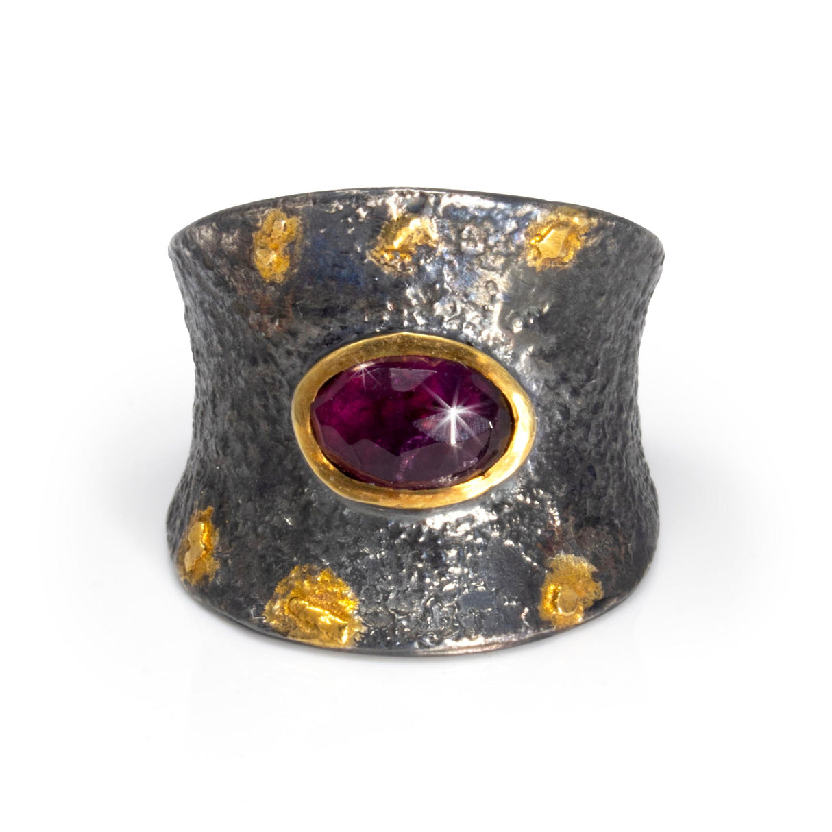 Faceted Pink Tourmaline Ring Size 7.5 - Oval with Gold Vermeil Bezel on Tapered & Contoured Stamped Oxidized Sterling Silver Band with Gold Leaf Accents