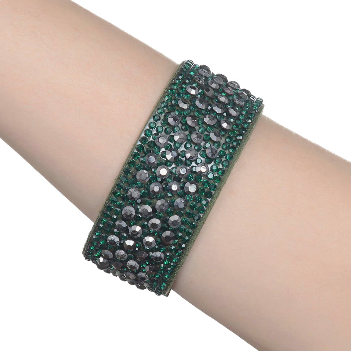 Narrow Swarovaki Crystal Wrap Bracelet - Gray & Green Rounds with Magnetic Clasp