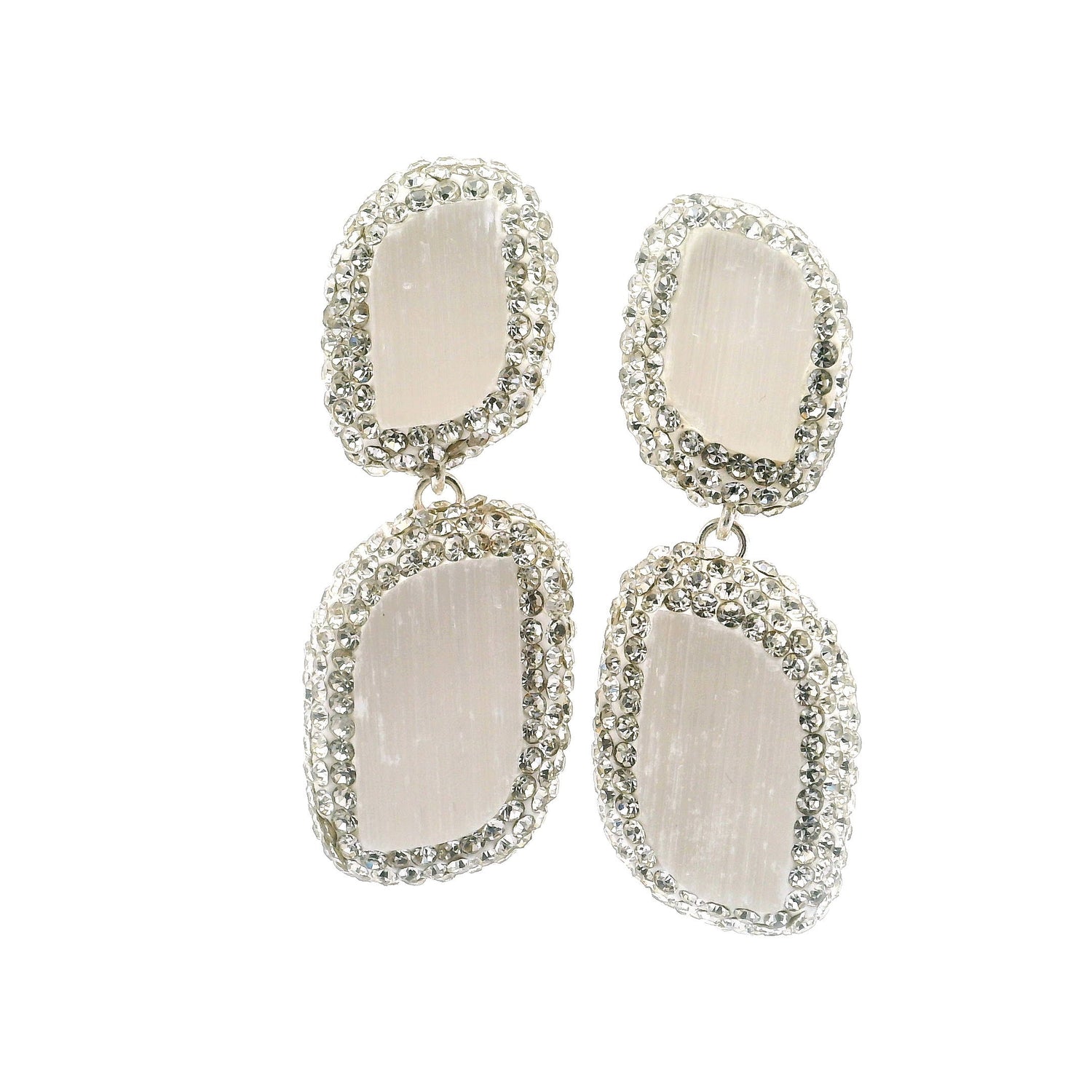 Selenite Dangle Earrings - 2 Freeforms Surrounded by Rows of Silver Swarovski Crystals in 925 Sterling Silver