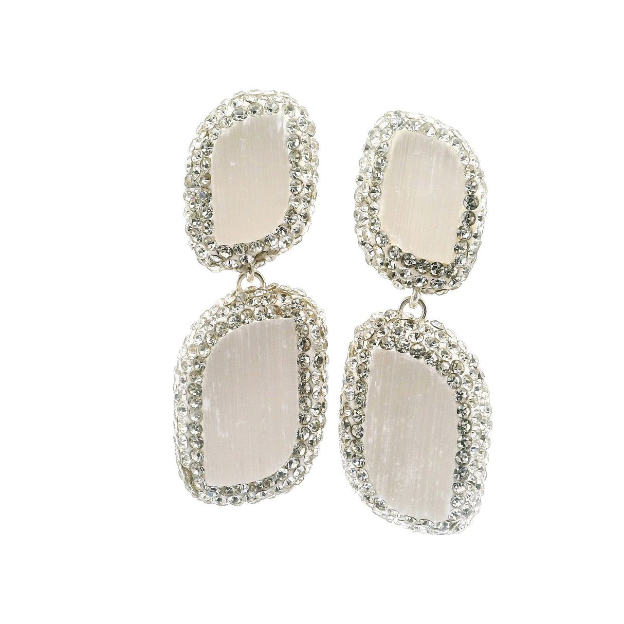 Selenite Dangle Earrings - 2 Freeforms Surrounded by Rows of Silver Swarovski Crystals in 925 Sterling Silver