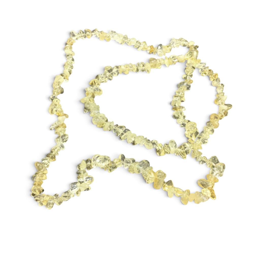 Rare Earth Gallery 32-inch citrine chip necklace featuring raw yellow gemstone fragments on a delicate strand.