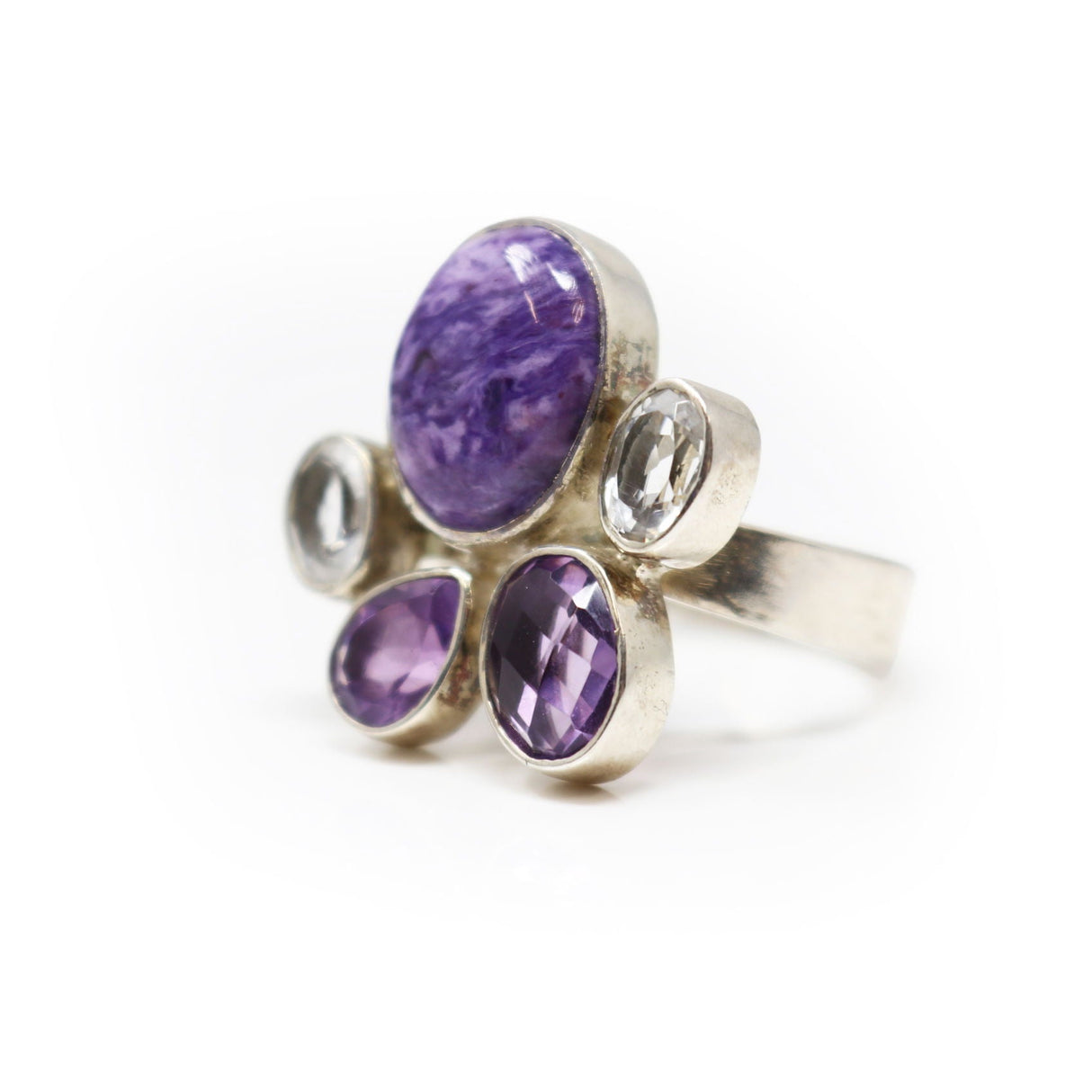 Charoite Ring with Amethyst & White Topaz Adjustable Band