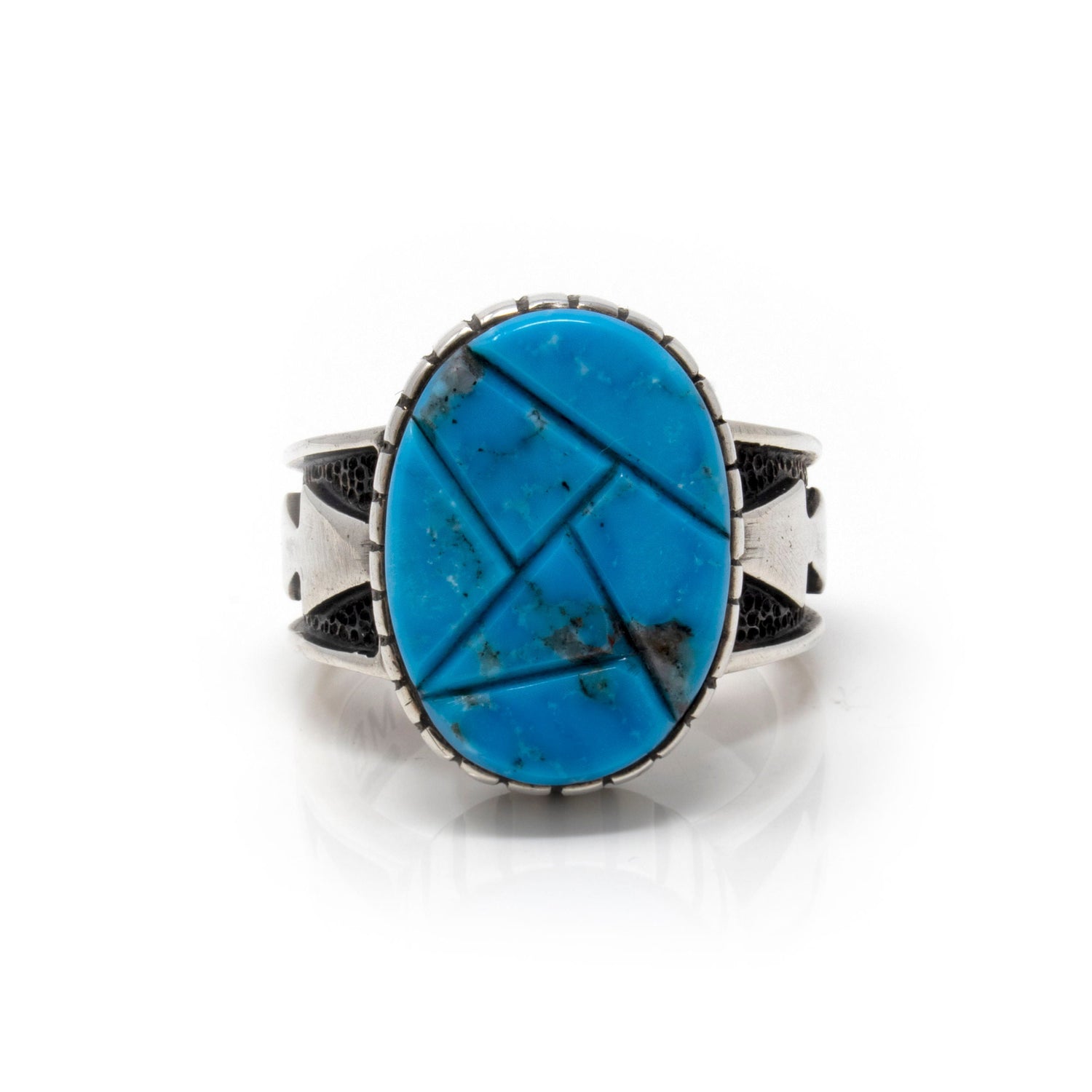 Kingman Az Turquoise Popcorn Inlay Ring Size 11 - Oval with Deep Edge and Oxidized Arrows on Band