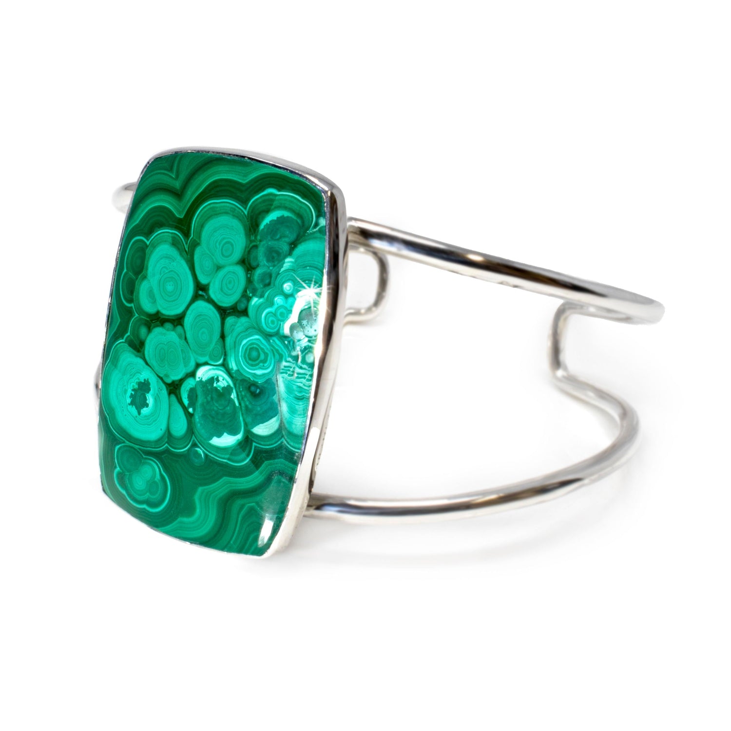 Malachite Cuff Bracelet - Tapered Rectangle Cabochon with Simple Silver Bezel on Open Double Band - Dense Cloud-like Green Banding