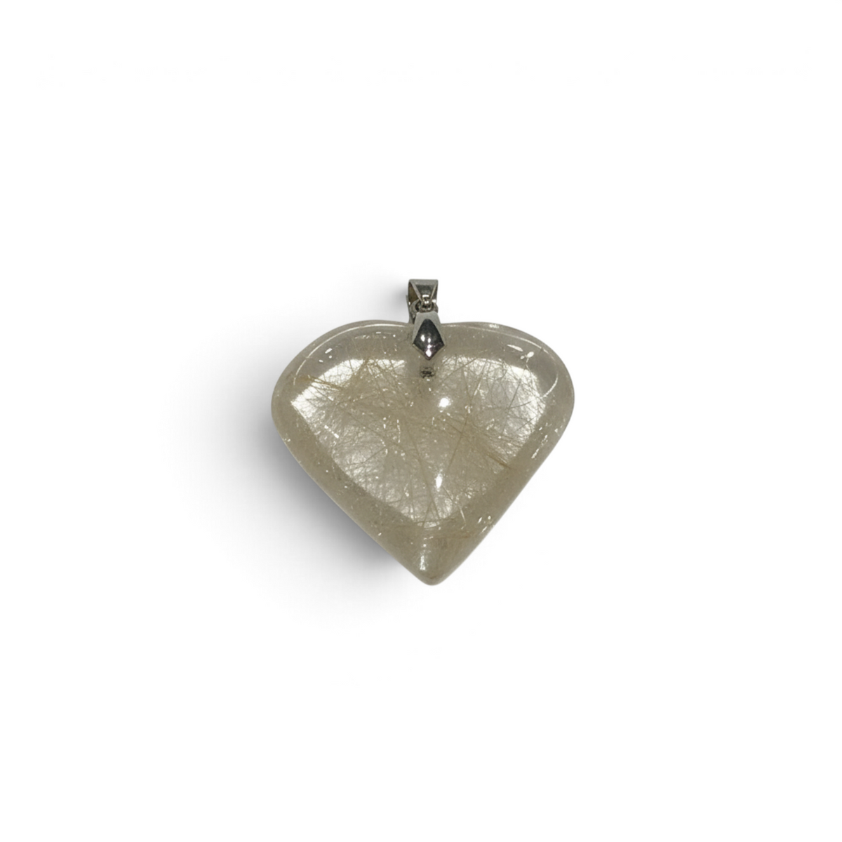 Rare Earth Gallery heart-shaped pendant made of clear rutile quartz with visible golden needle-like inclusions.
