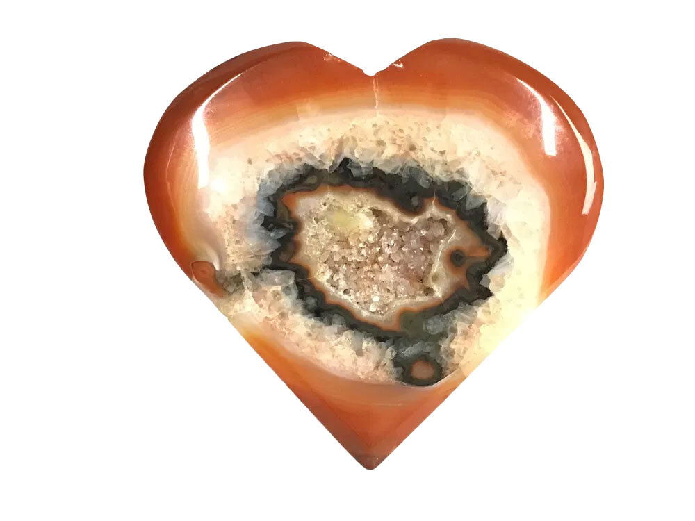 Sardonyx Carnelian Agate Heart Flat with Druze on Lucite Stand - Dark Orange Outer Edge with Black-Banded Sugar Druze Pocket in Center & Black & Orange Pattern on Reverse
