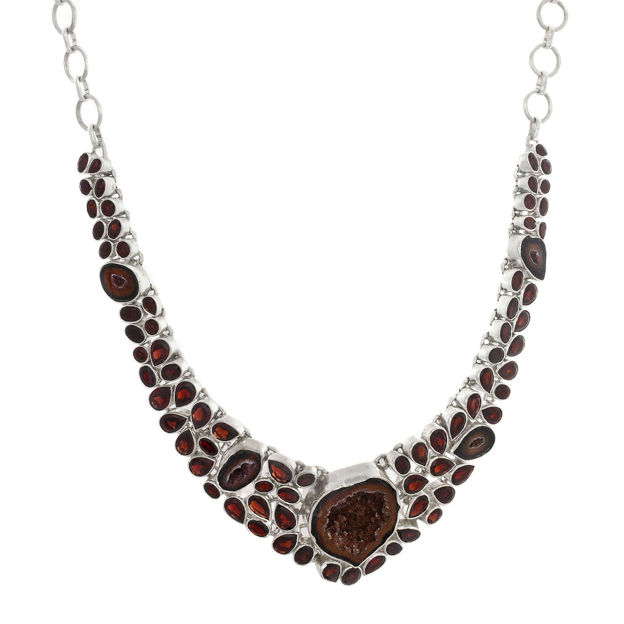 Red Geode & Garnet Collar Necklace - Bezel Set Faceted Gems with Toggle Clasp in 925 Sterling Silver