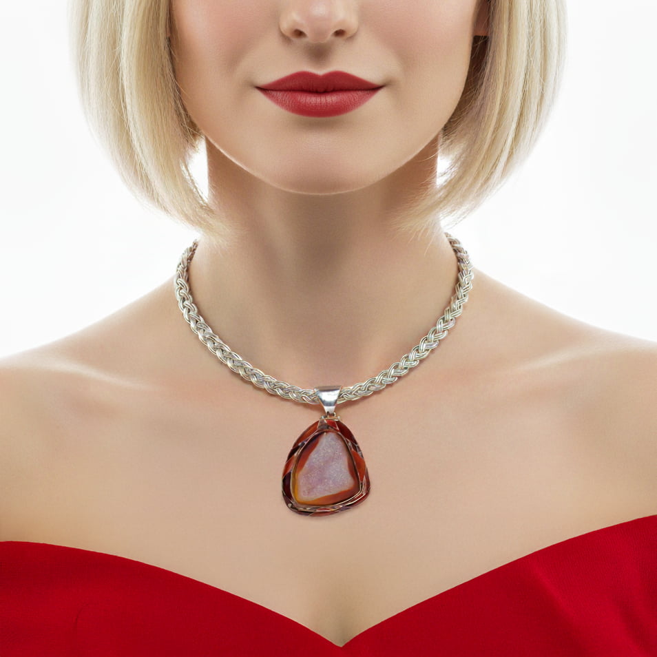 Natural Quartz Druze Pendant With Carnelian & Jasper Inlay Bezel