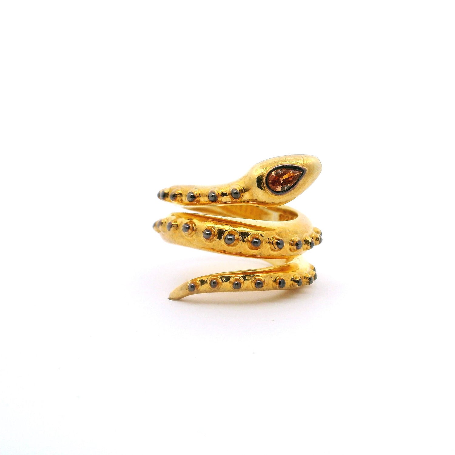 Nano Stone Ring - Gold Snake with Pink Tourmaline Pear on Head & Raised Spikes on Back in Gold Vermeil over 925 Sterling Silver