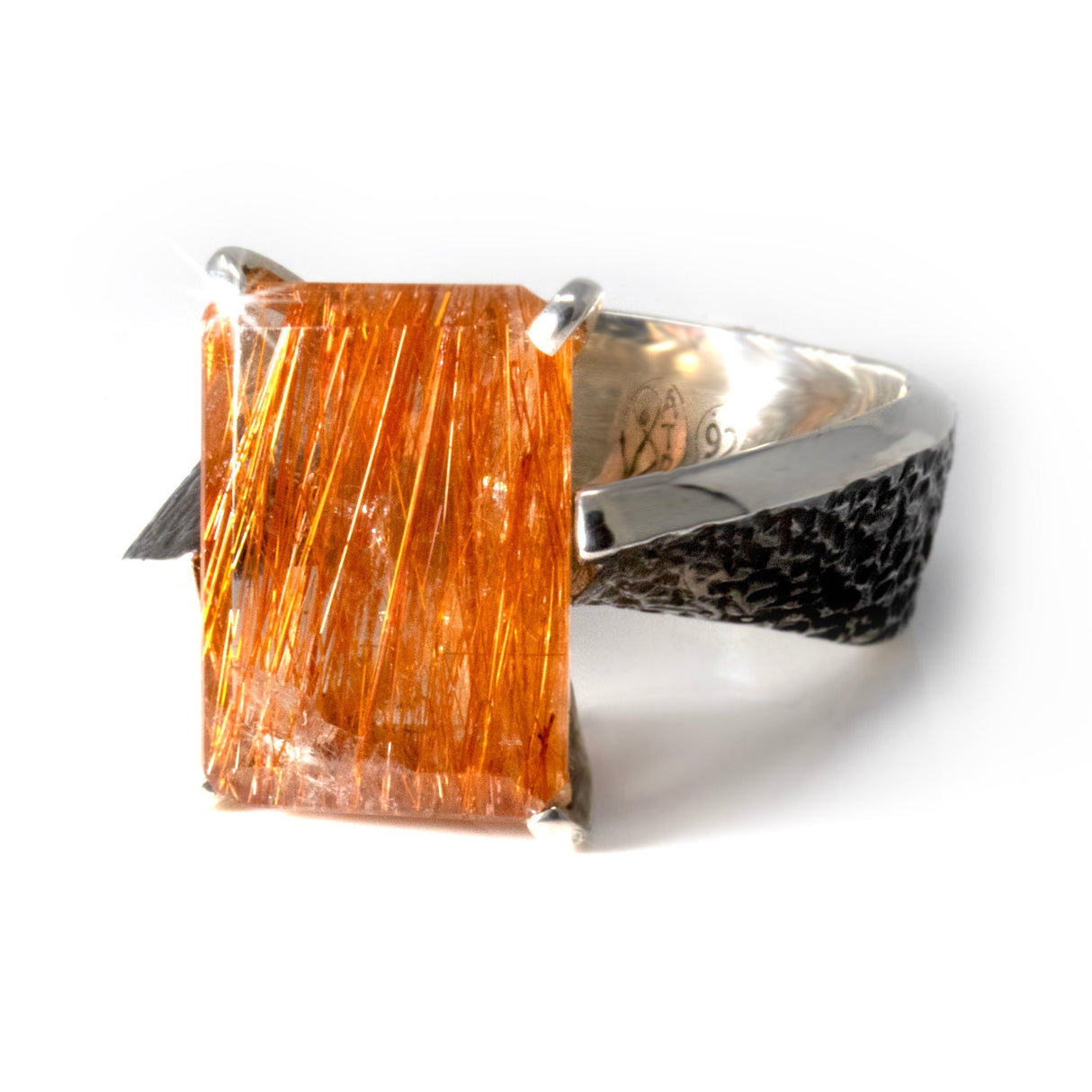 Faceted Golden Rutile Quartz Ring - Simple Rectangle Prong Set on Twisted Band with Stamped Detail & Oxidized Finish Size 8