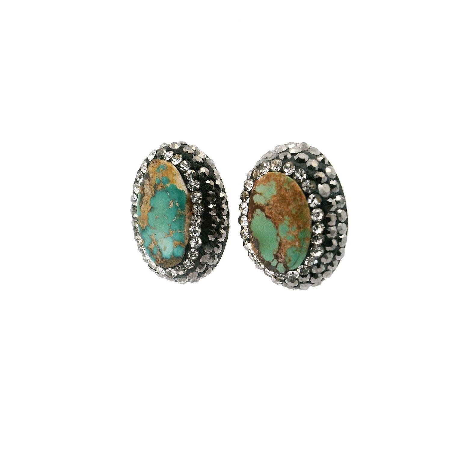 Persian Turquoise Earrings - Mint Green & Tan Oval Surrounded by Rows of Silver Swarovski Crystals & Marcasite in 925 Sterling Silver