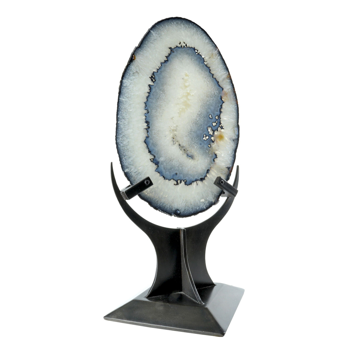 Agate Slice with Dark Blue Bands & Natural Egg Shape - Double-Sided Polish in Custom Crescent Stand