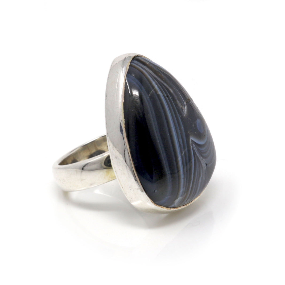 Banded Agate Ring - Pear Cabochon with Silver Bezel - Densely Banded Black with Espresso & White Size 5