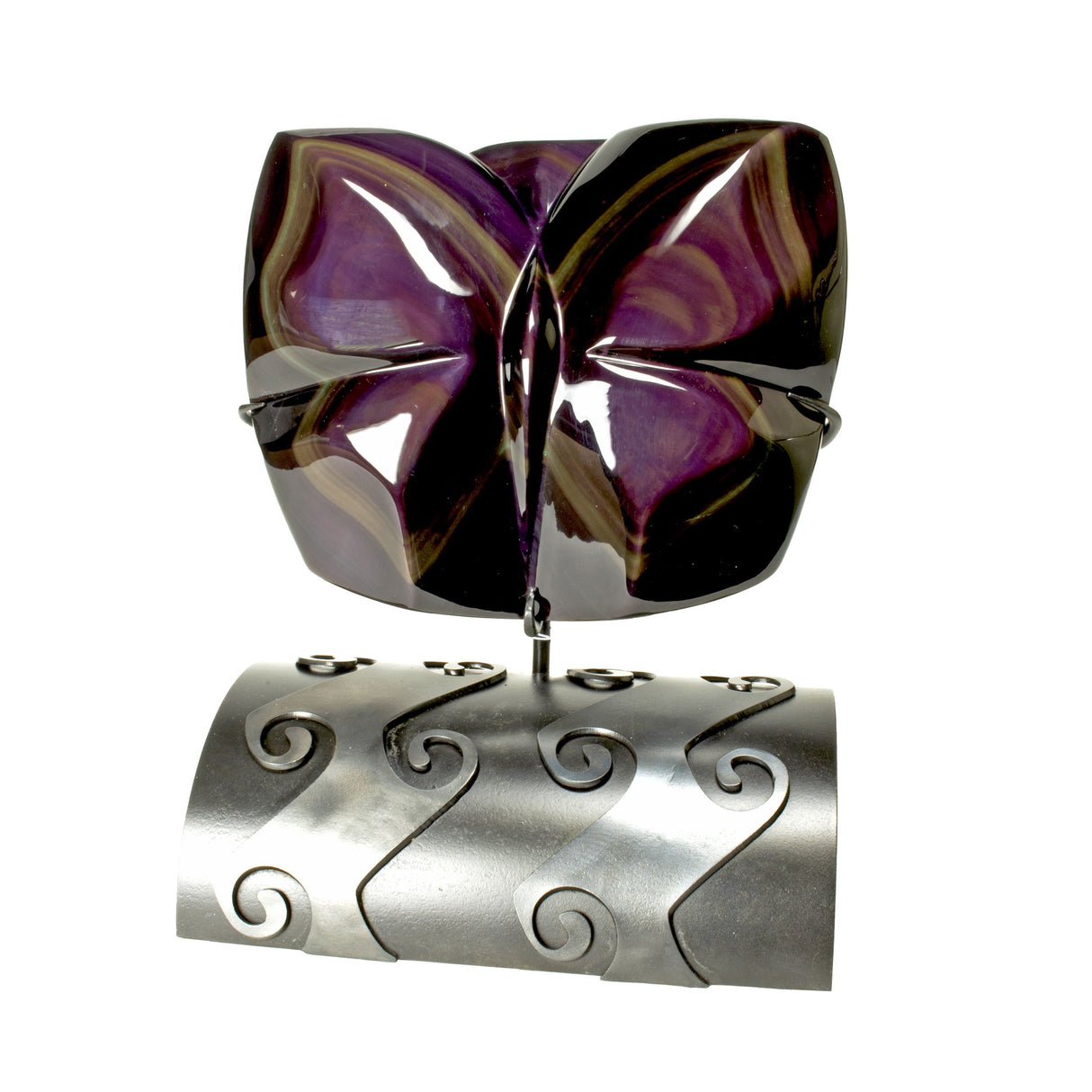 Rainbow Sheen Obsidian Butterfly Carving on Custom Wave Inspired Stand