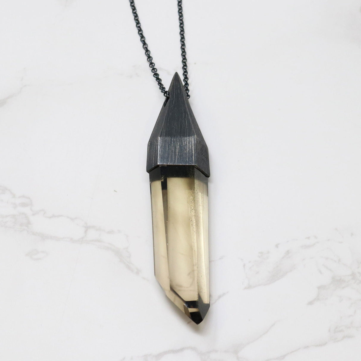 Smoky Quartz Pendant with Chain - A+ Quality Point with Brushed Rhodium Plated Finish