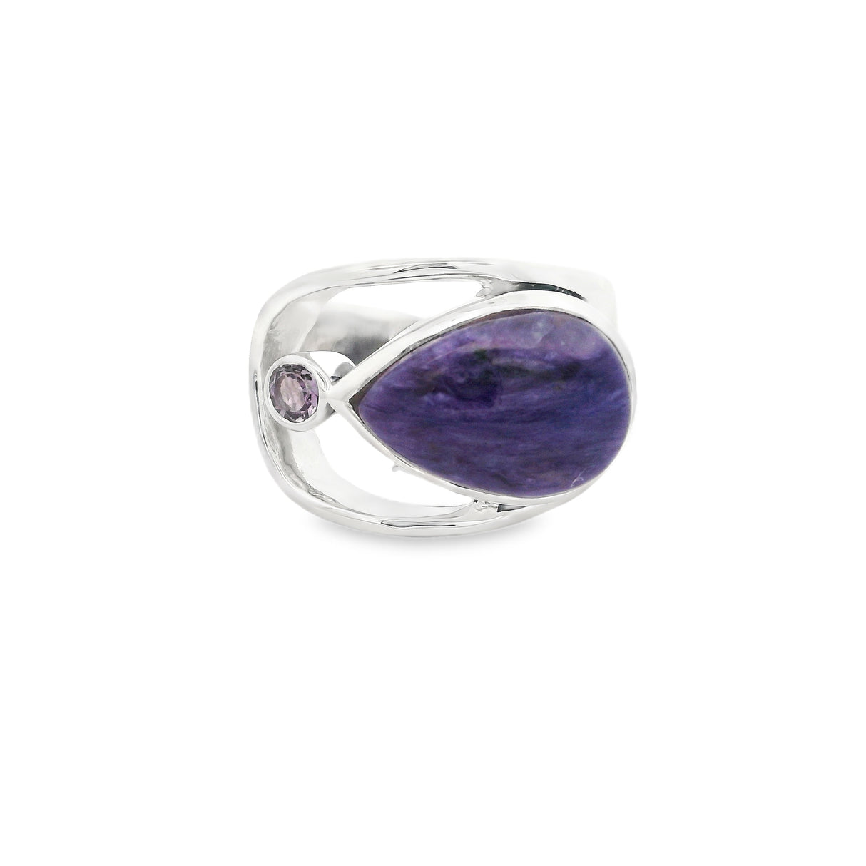 Bague en Charoïte Taille 9 - Cabochon Poire avec Améthyste Ronde Facettée et Chaton en Argent Sertis sur un Dessus de Bague Ouverte