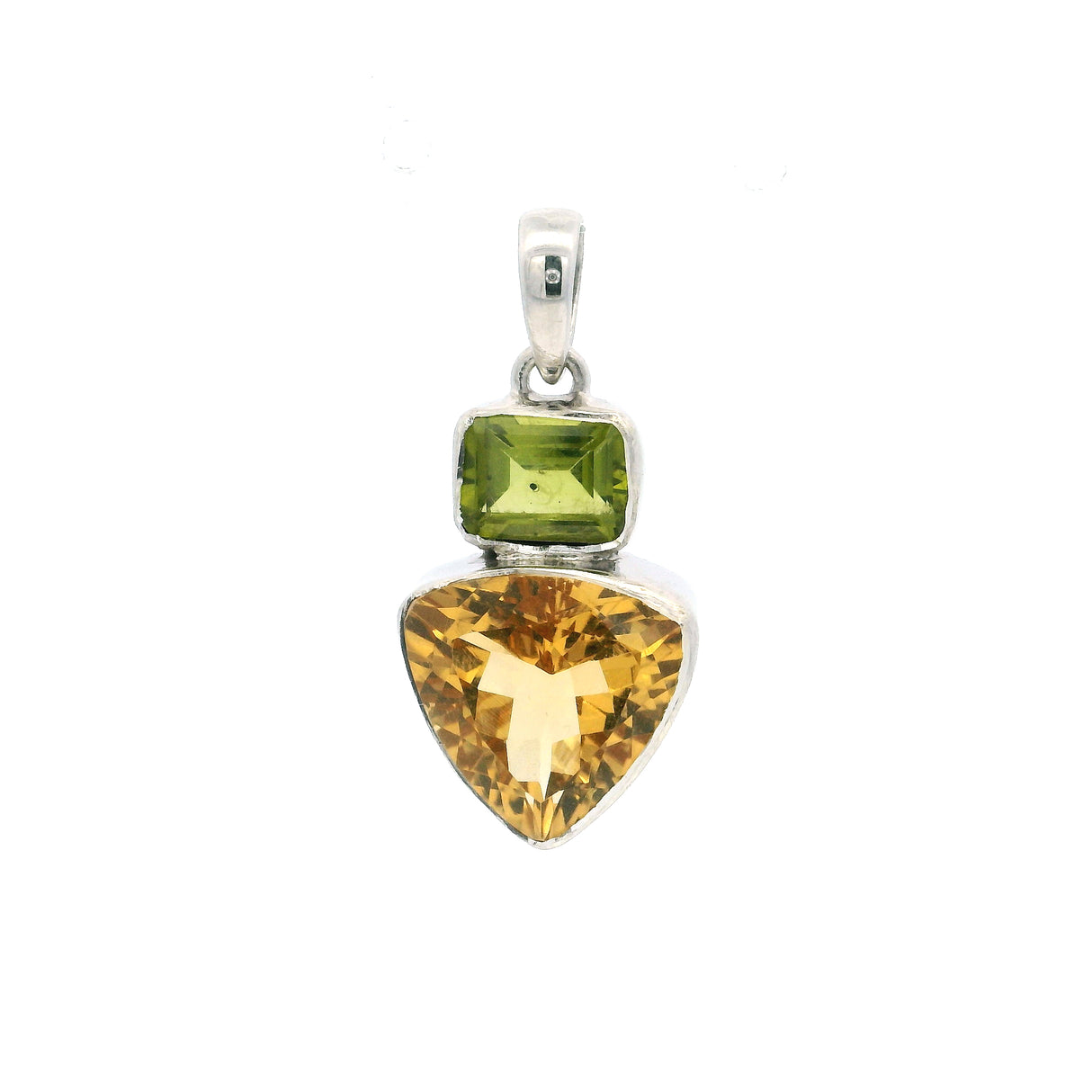 Faceted Citrine & Peridot Pendant - Trillion & Rectangle Silver Bezel Set