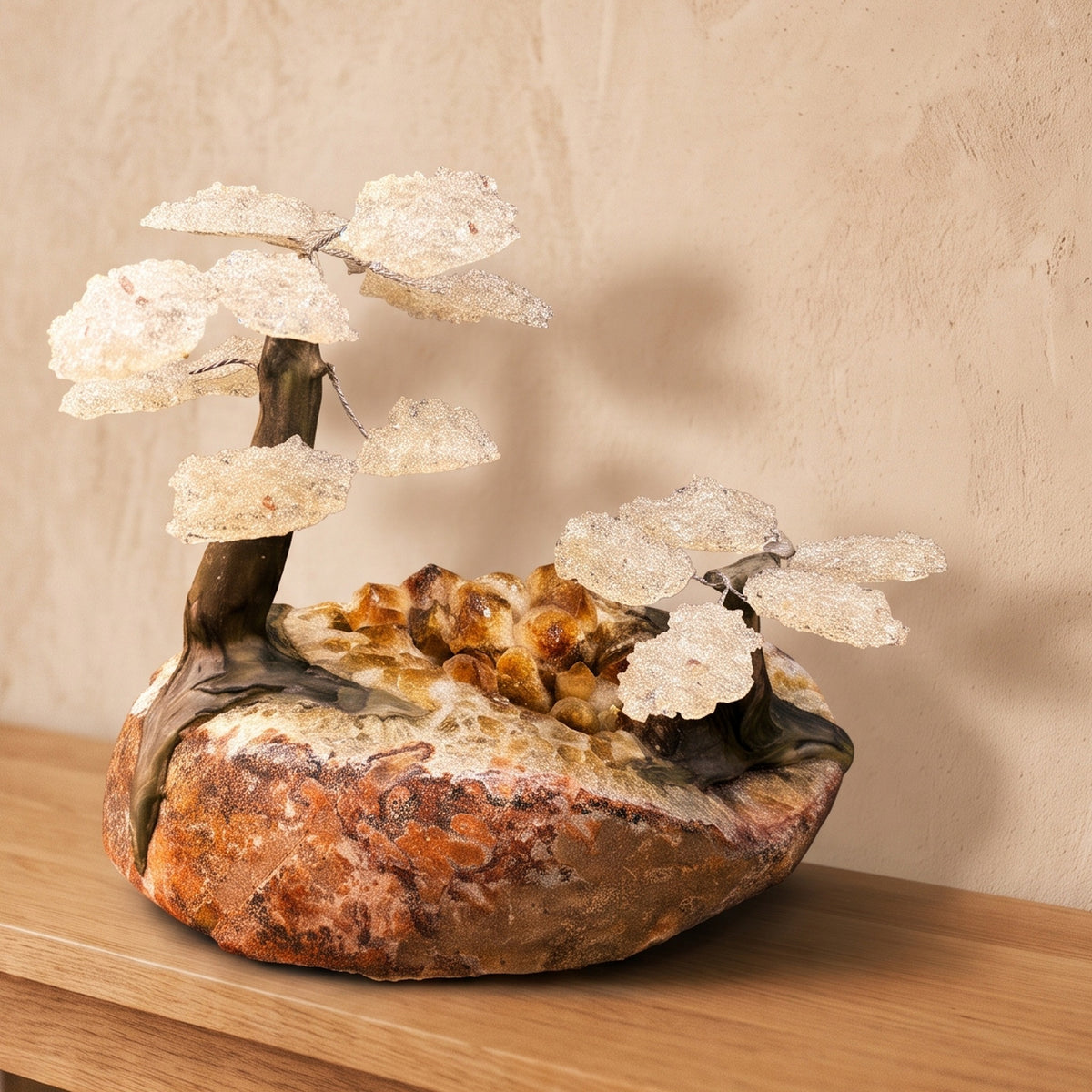 Quartz Gemstone Tree Duo with Clay Polymer on Citrine Crystal Geode Base