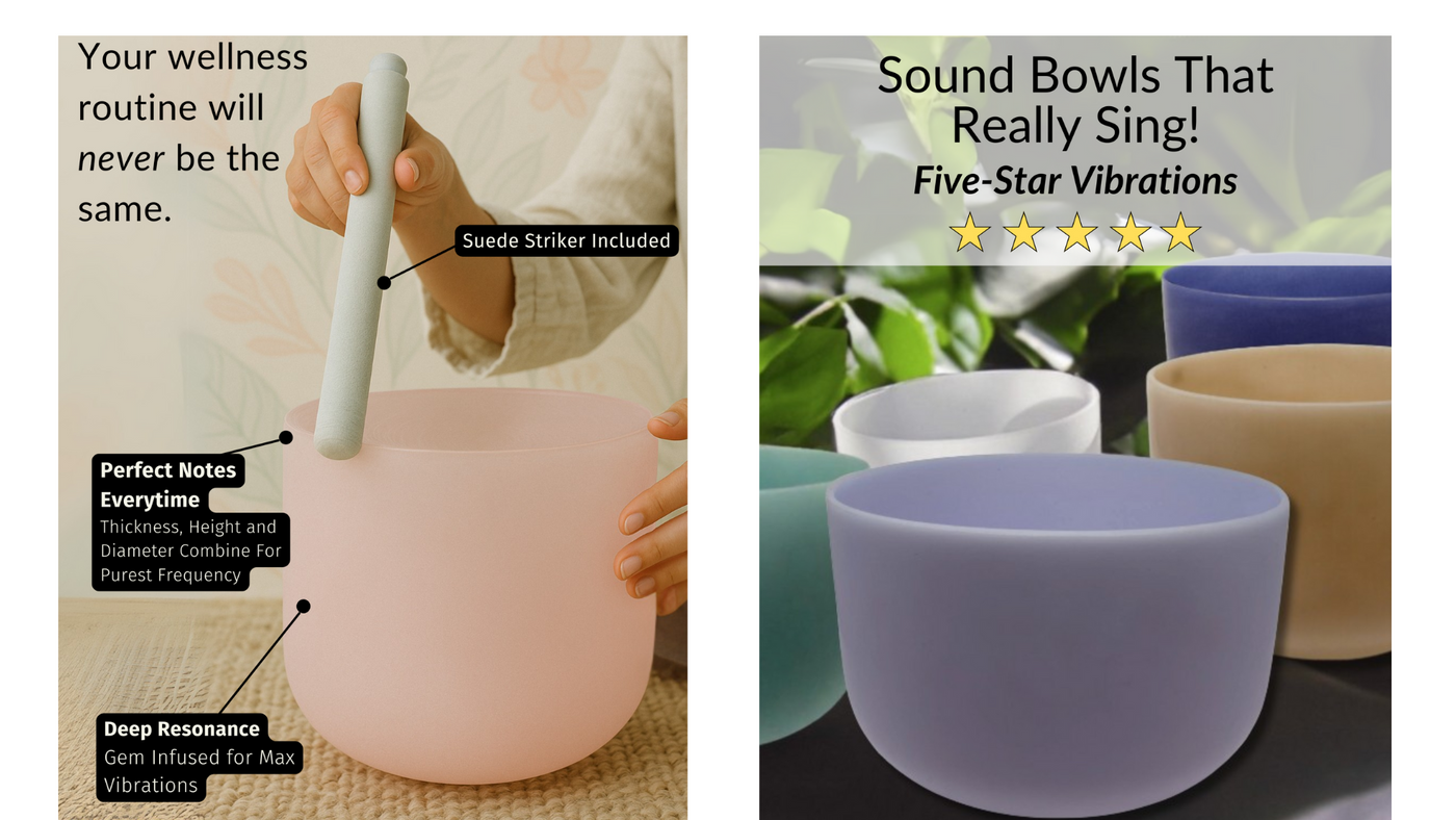 Two images of sound bowls with text describing their features and benefits.