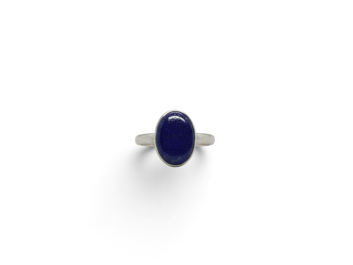 Rare Earth Gallery oval lapis lazuli cabochon ring set in a simple 925 sterling silver bezel and band