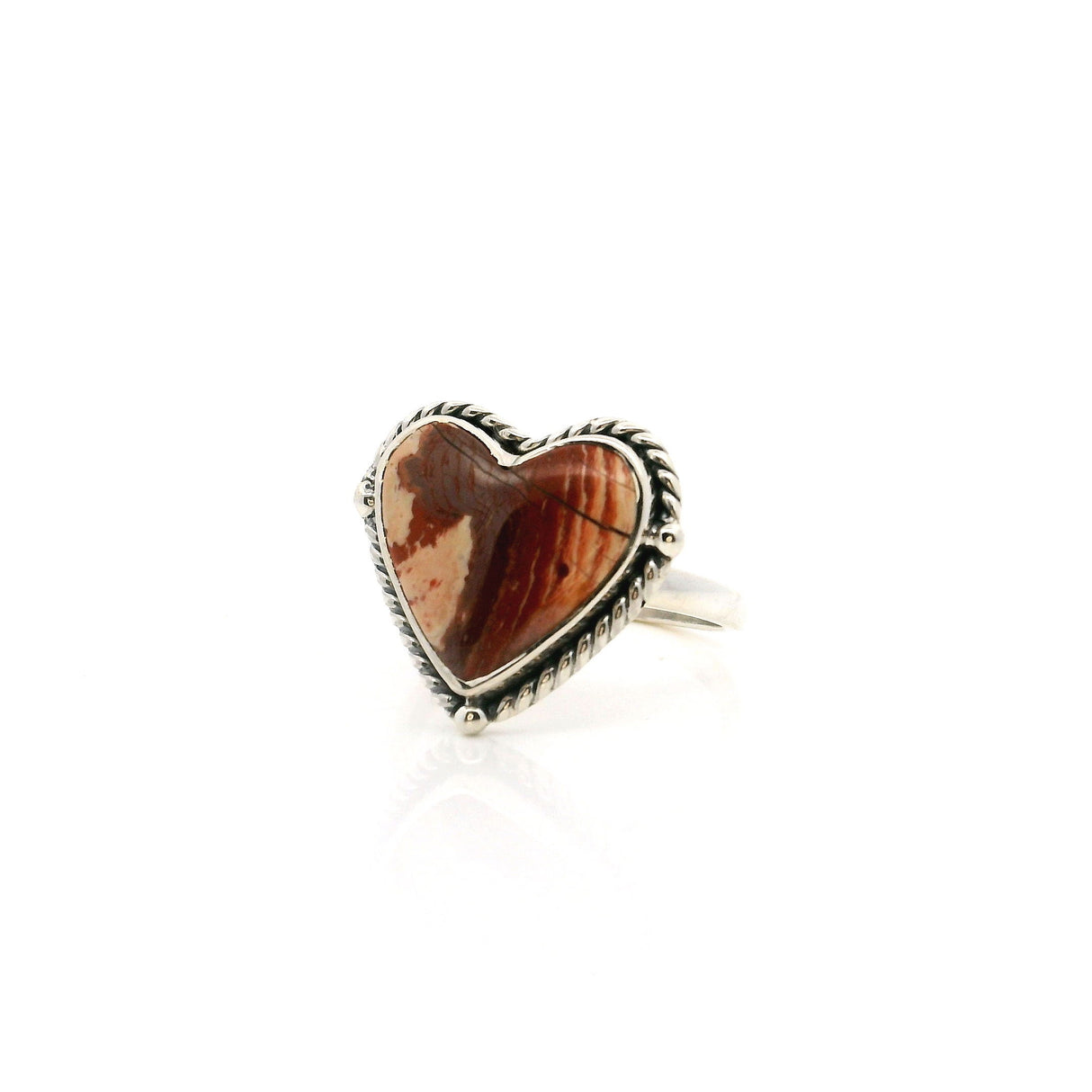 Red Jasper Ring - Heart Cabochon with Vertical Peach & Red Striations Triangular Peach Inclusion Bezel Set with Rope Detail in Simple 925 Sterling Silver sz5