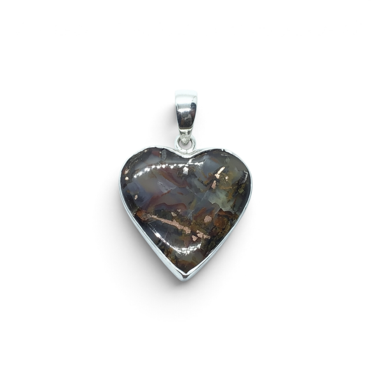 Rare Earth Gallery heart-shaped native copper cabochon pendant set in a polished 925 sterling silver bezel.