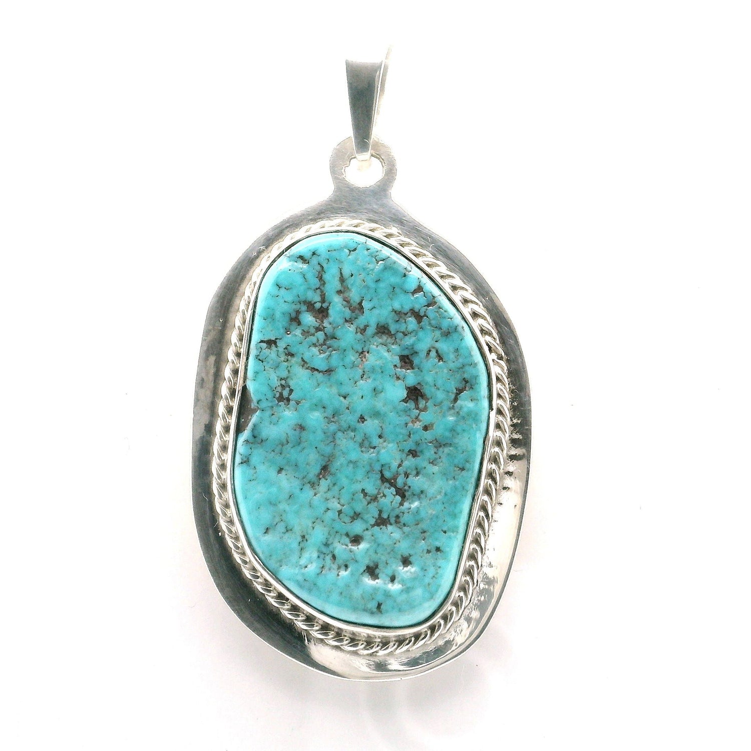 Arizona Turquoise Pendant - Freeform Nugget with Rope Accent Bezel Set in 925 Sterling Silver