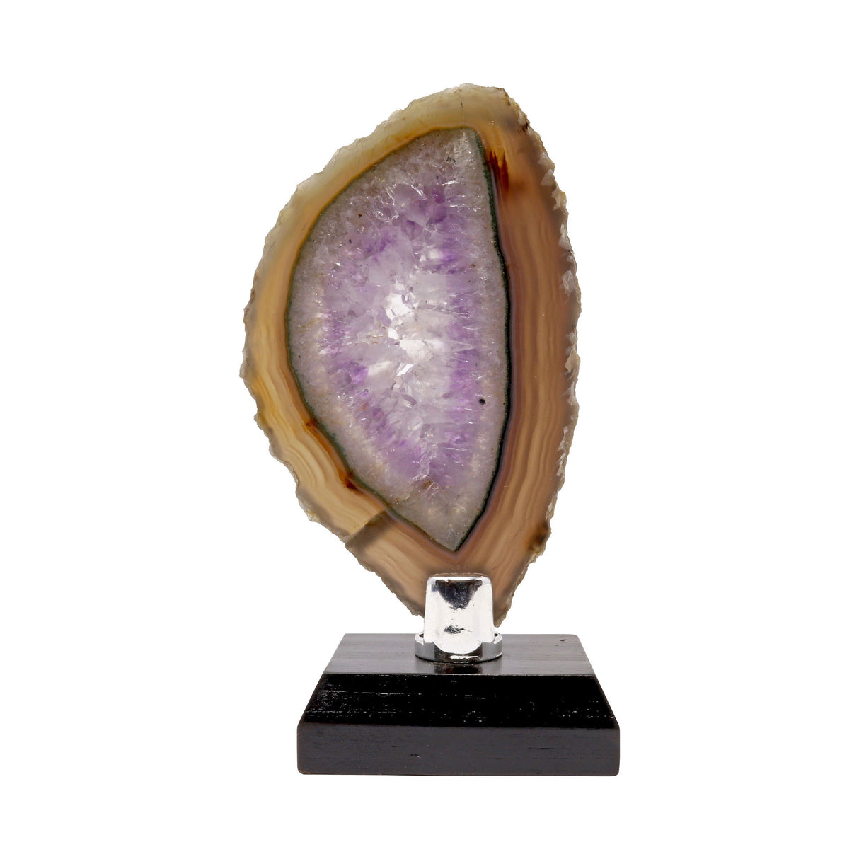 Agate Slice - Amethyst with Brown, Green & Blue Accents on Wooden Screw Stand