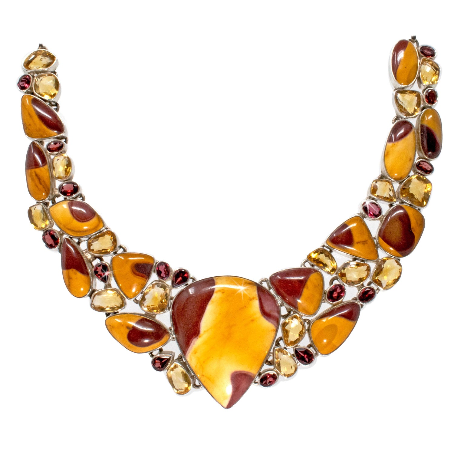 Mookaite Necklace with Faceted Citrine & Garnet on 925 Sterling Silver Fluid Collar with Toggle Clasp