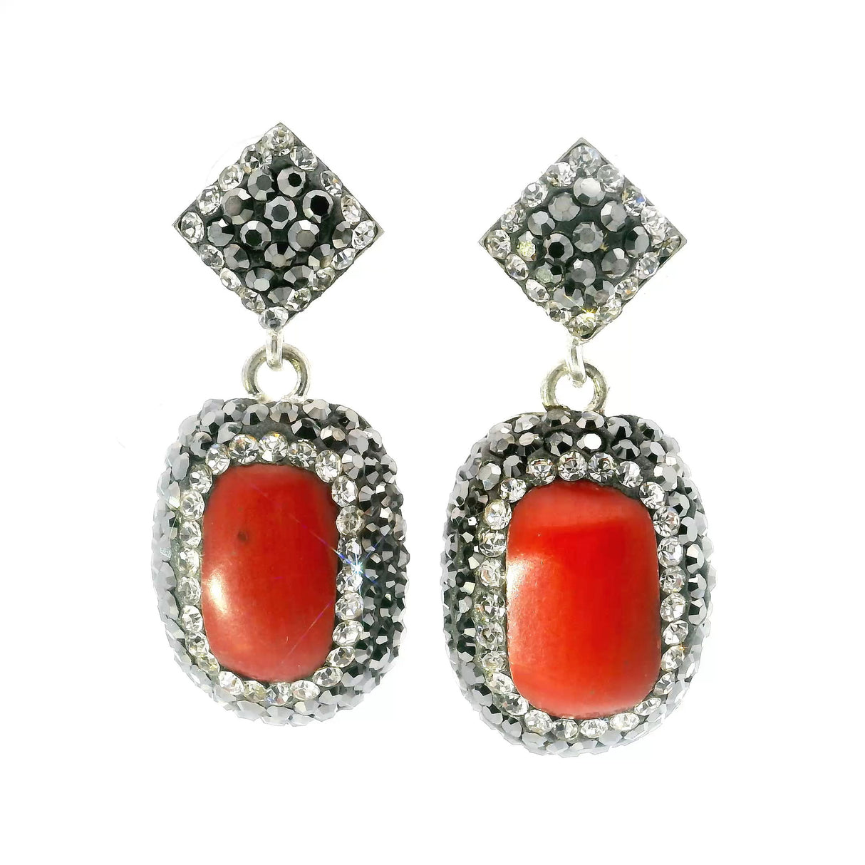 Mediterranean Coral Dangle Earrings - Rounded Rectangle Cabochon with Marcasite & Silver Swarovski Crystals with 925 Sterling Silver