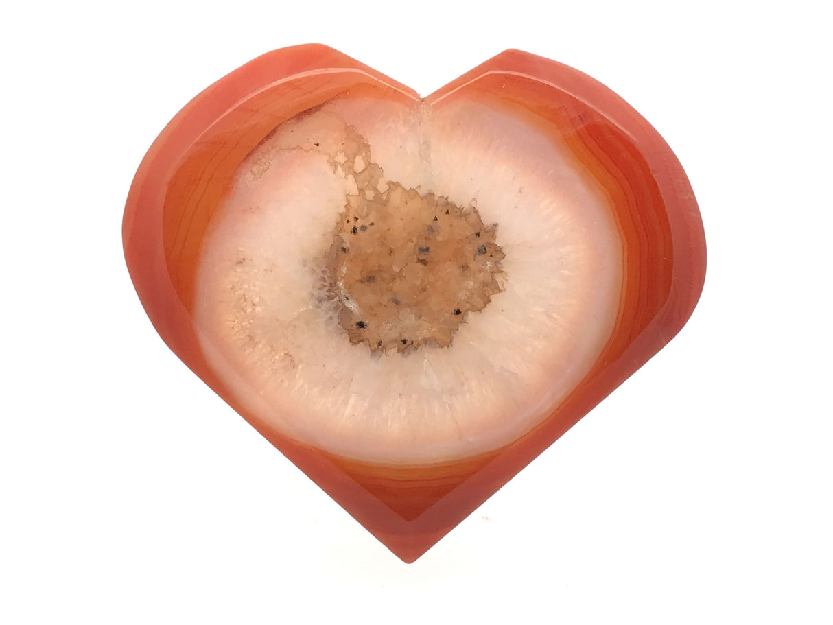 Sardonyx Carnelian Agate Heart Flat with Druze on Lucite Stand - Orange Banded Outer Edge with Quartz Eye in Center & Quartz Pocket with Black Inclusions