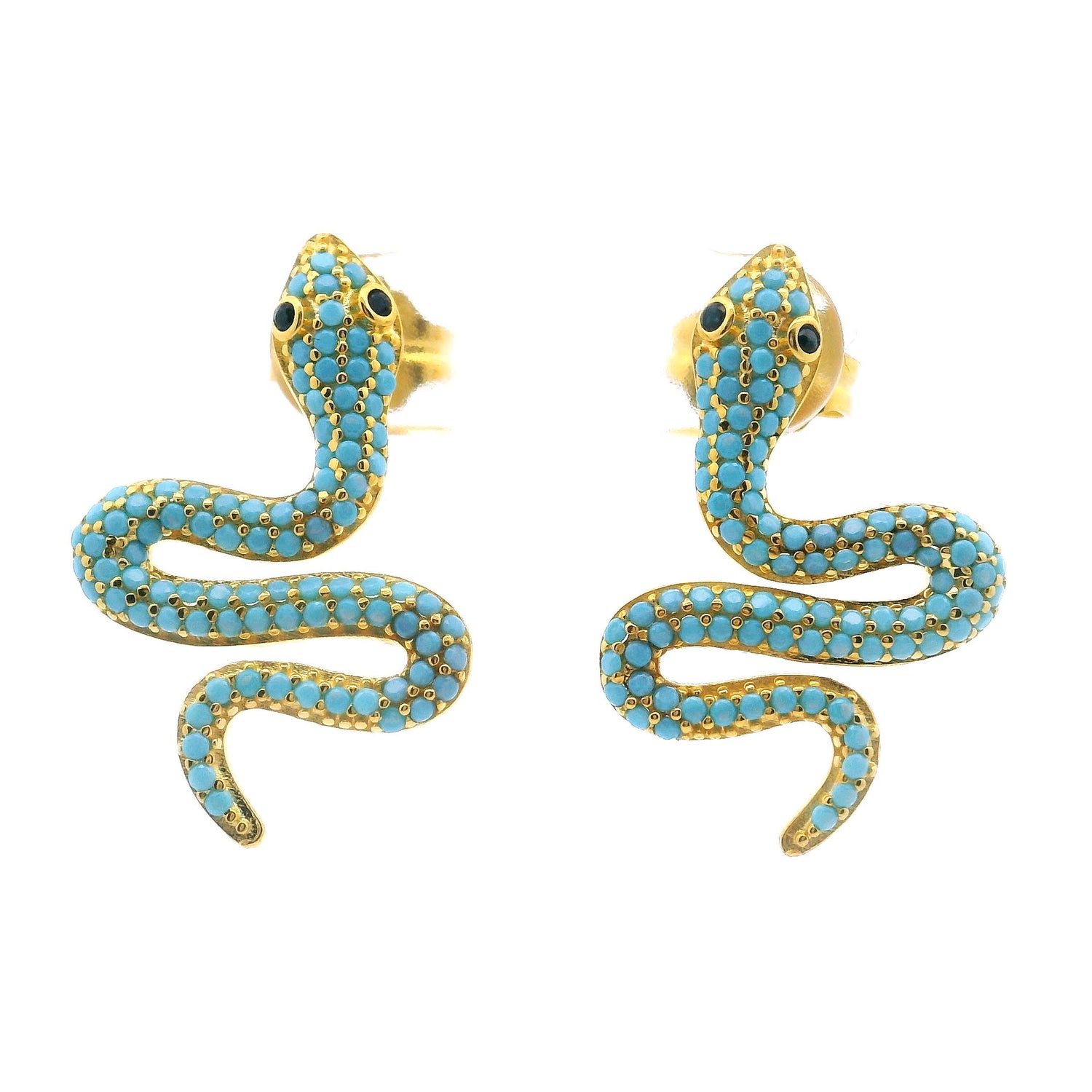 Nano Crystal Stud Earrings - Turquoise Snake with Blue Eyes in Gold Vermeil over 925 Sterling Silver