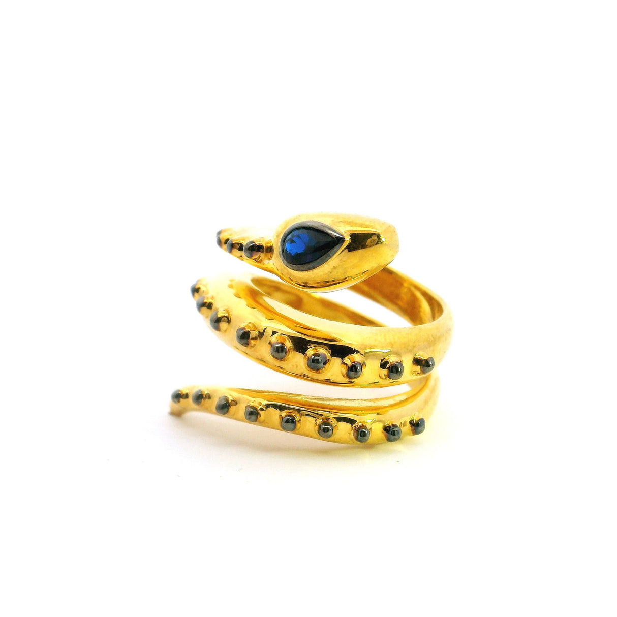 Nano Stone Ring - Wrap-around Gold Snake with Blue Eyes & Blue Beaded Accents in Gold Vermeil over 925 Sterling Silver sz6
