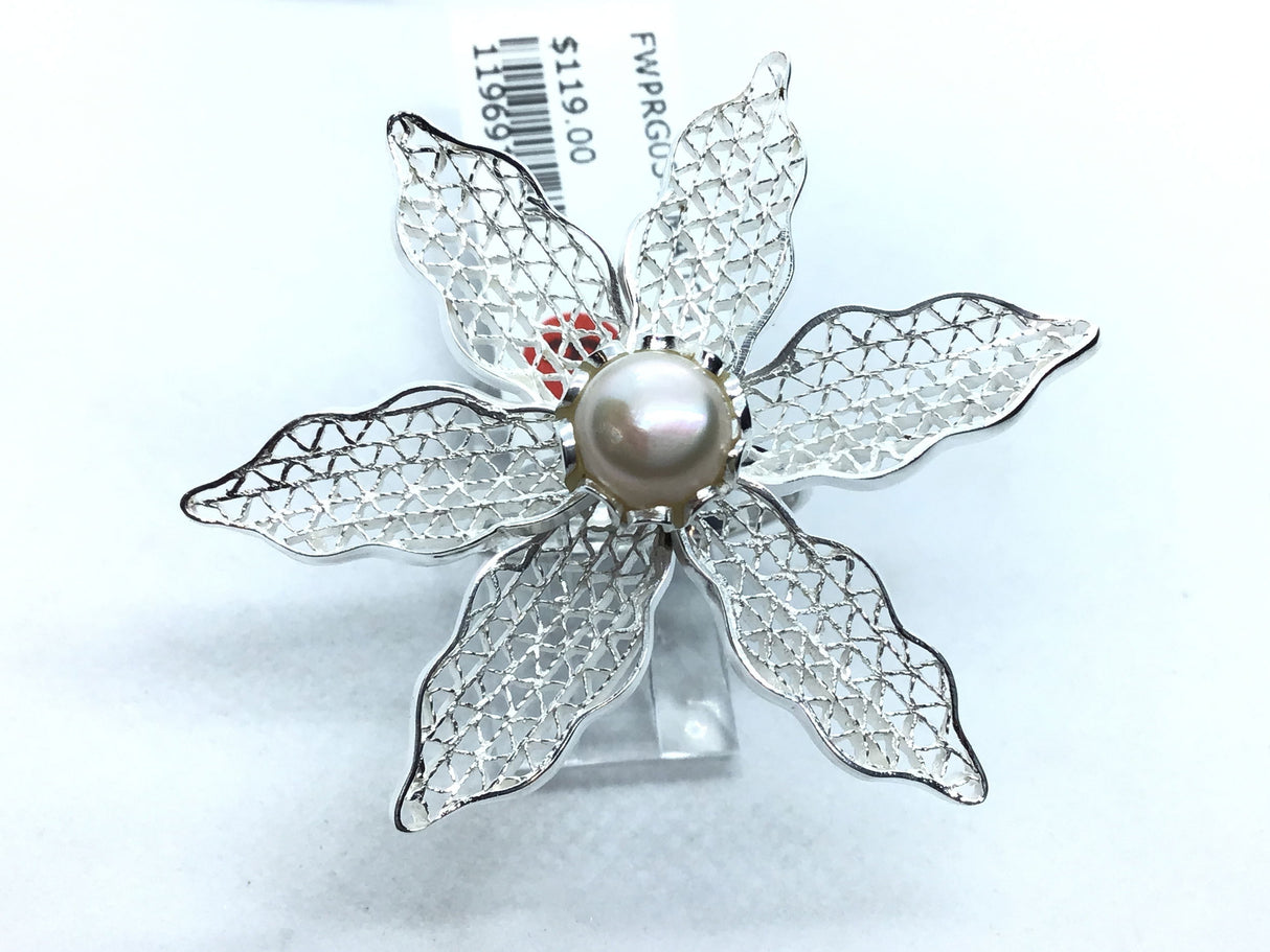 View of Freshwater Pearl Lily Ring - Pearl Center With Raised Scalloped Silver Bezel With Dainty Cross Hatch Silver Wire Filled Petals Sz6