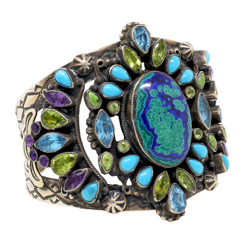 Leo Feeney Botryoidal Malachite-Azurite Cuff Bracelet with Sleeping Beauty Turquoise, Peridot, Blue Topaz, Green Turquoise & Amethyst