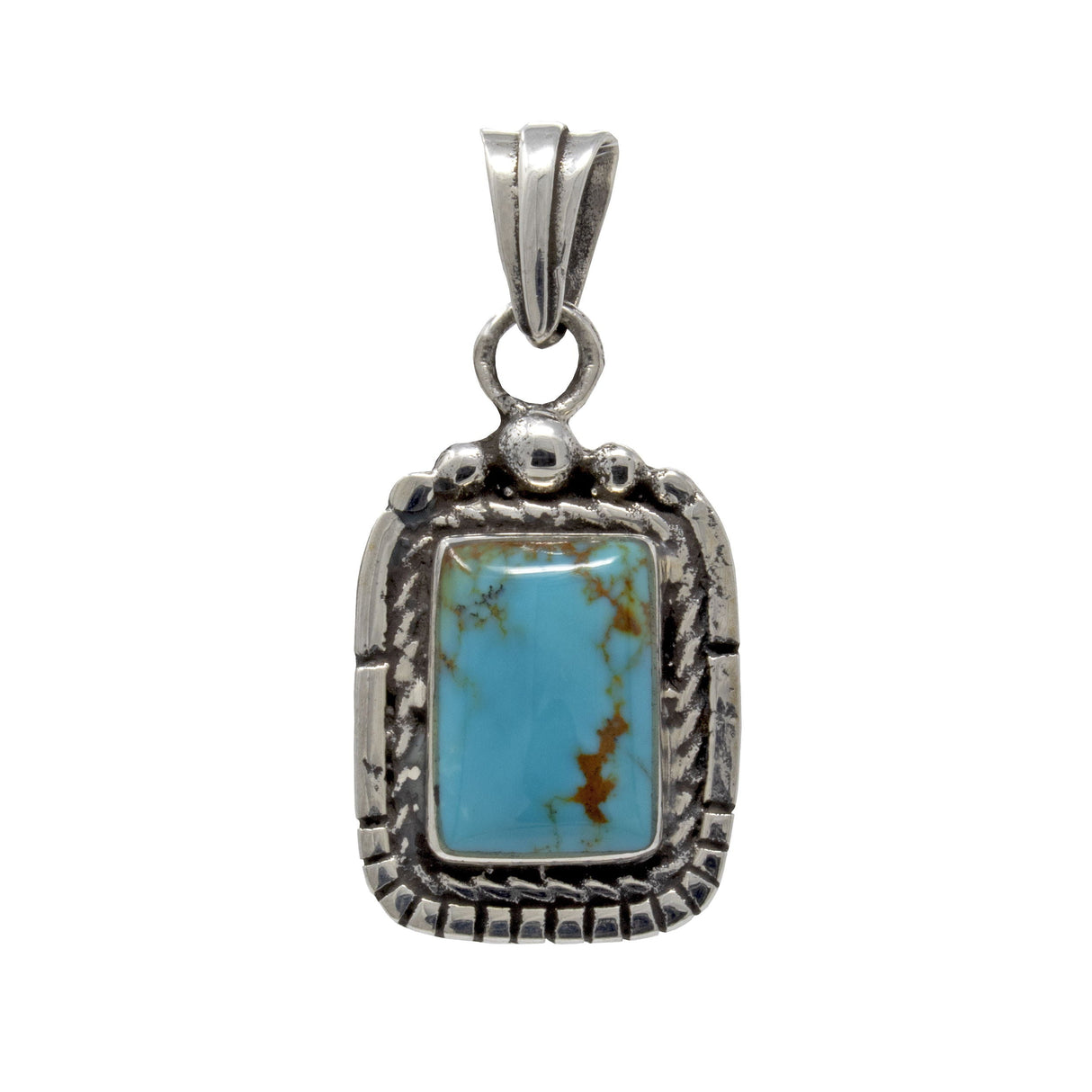 Az Turquoise Pendant - Rectangle Cabochon with Stamped Chain Bezel with Line Stamping & Beads