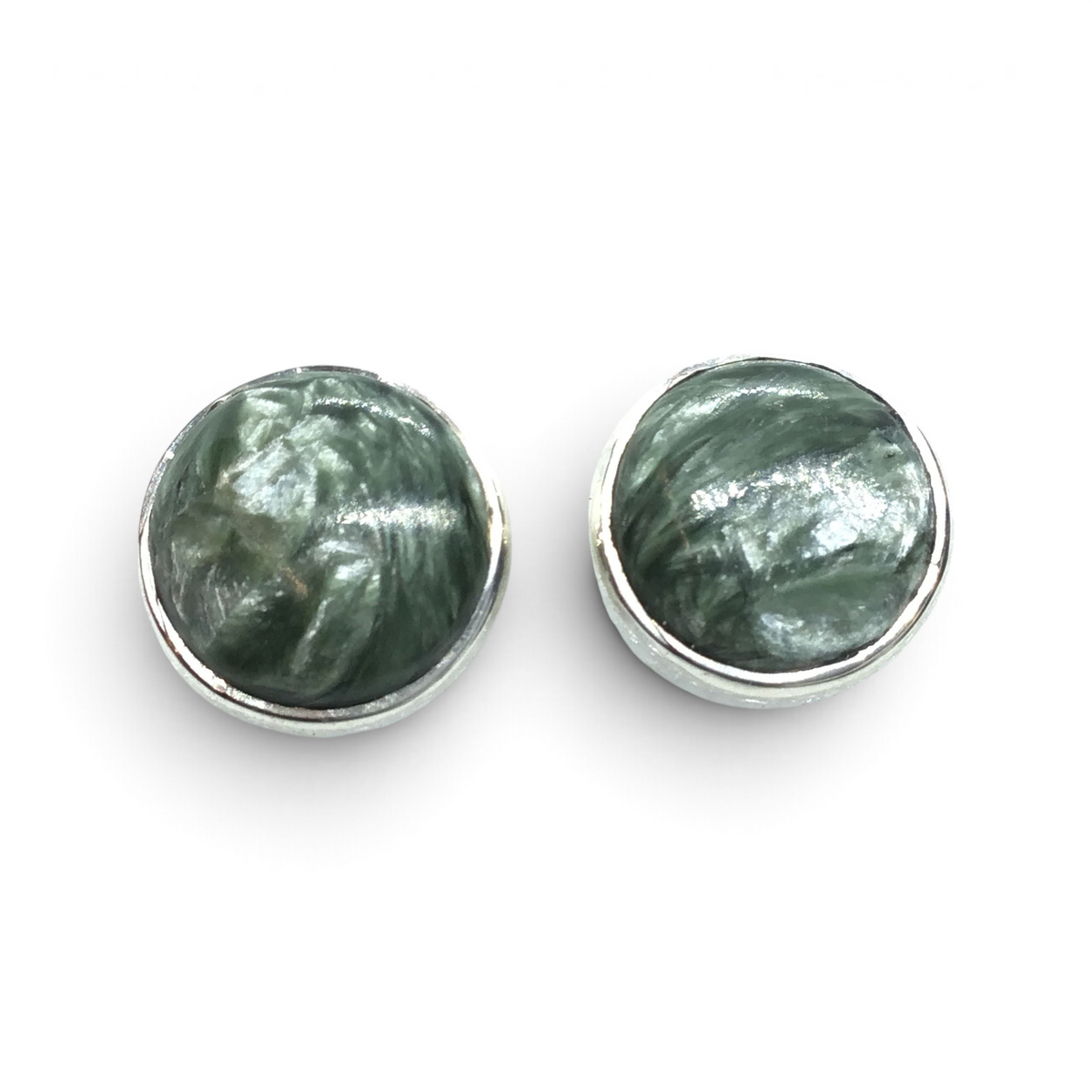 View of Seraphinite Stud Earrings - Simple Round Cabochon With Silver Bezel