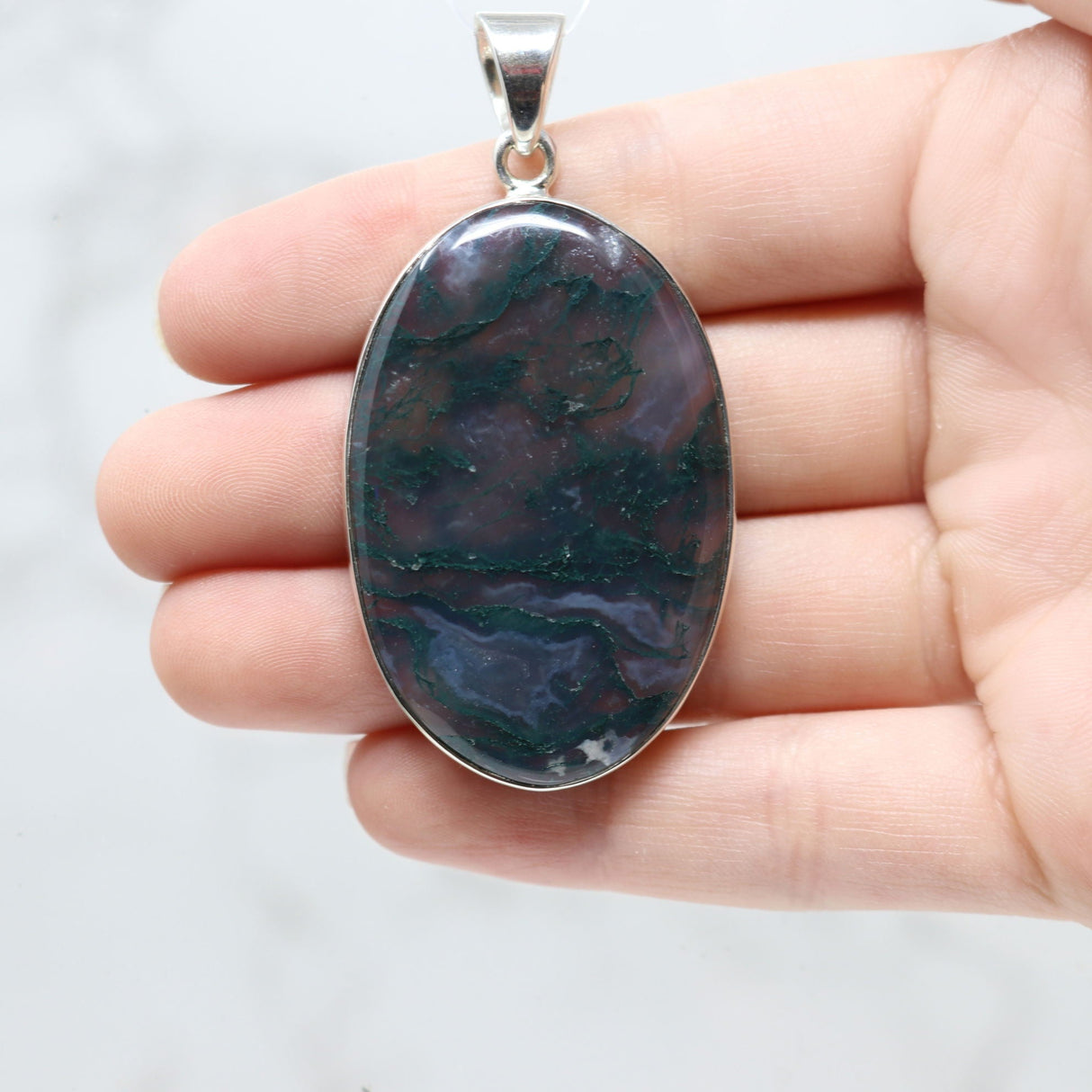 Moss Agate Pendant - Classic Oval Cabochon with Simple 925 Sterling Silver Bezel